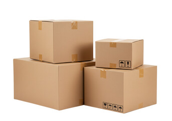 Stacked brown cardboard boxes sealed with tape isolated on transparent background