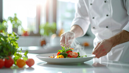 Chef preparing delicious salad in modern kitchen culinary art fresh ingredients gourmet experience
