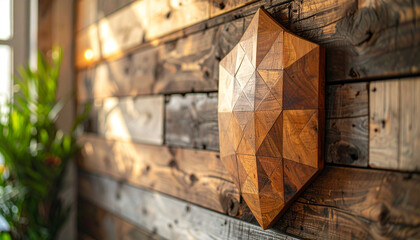 Artistic wooden shield display rustic interior home decor natural environment close-up view