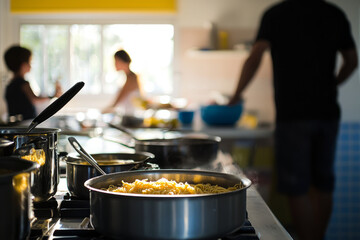 A sunny kitchen with pots and pans on the stove. A father and son are preparing spaghetti while the mother sets the table in the background