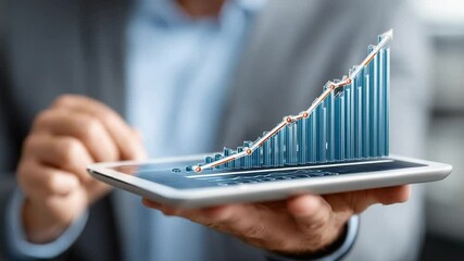 Growth Trajectory: A businessman confidently interacts with a digital tablet displaying a rising bar graph, symbolizing business growth and economic success. - Powered by Adobe