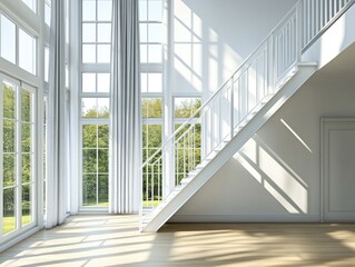 Obraz premium Modern sunlit interior with white staircase