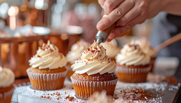 Decorating delicious cupcakes bakery kitchen culinary art indoor close-up baking techniques