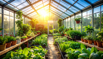 Garden plants growth in greenhouse nature photography bright lighting serene atmosphere