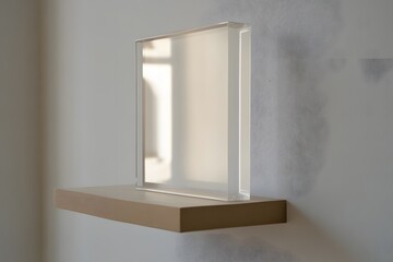 Clear acrylic block displayed on a floating wooden shelf with natural light reflection