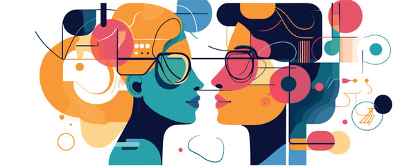 Fototapeta premium Abstract art of two faces in profile with geometric shapes and vibrant colors.