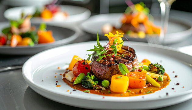 Gourmet steak dinner experience fine dining restaurant food photography elegant setting close-up