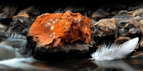 Obraz premium Serene Streamside Stillness: A Single White Feather Resting on Smooth Rocks Beside a Gently Flowing Creek