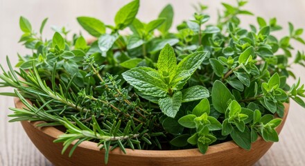 Assortment of Fresh Green Herbs in Wooden Bowl