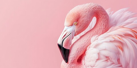 Naklejka premium A Stunning Close-Up Portrait of a Pink Flamingo Against a Pastel Pink Background, Showcasing its Delicate Feathers and Elegant Posture