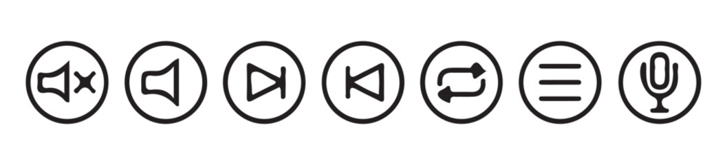 Play, pause, replay, previous, and next track black icon set. Elements for video streaming app. Vector Illustration eps 10