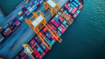 Vibrant Aerial View of a Cargo Ship Docked at Port with Colorful Containers