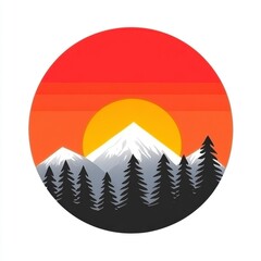 Obraz premium Vibrant Sunset Over Majestic Mountains and Pine Forest in a Circular Illustration with Bold Colors and Serene Atmosphere