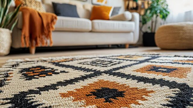 Close-up view of a patterned rug in a living room, featuring beige, black, and orange hues.
