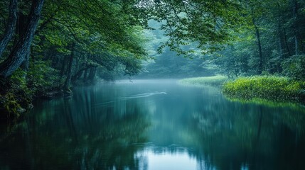 Misty Tranquility: Reflective Waters of a Dense Forest Landscape at Dawn
