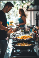 A sunny kitchen with pots and pans on the stove. A father and son are preparing spaghetti while the mother sets the table in the background