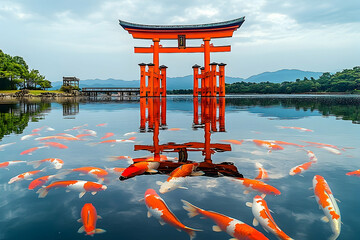 Peaceful japanese torii gate and koi fish