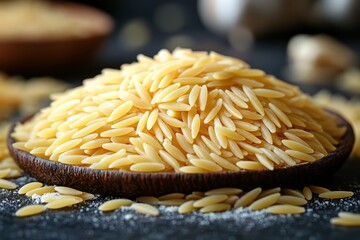 Delicious Orzo Pasta in Wooden Bowl Close Up Food Photography Mediterranean Cuisine Italian Food