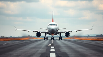 Naklejka premium Ready for departure, Airplane prepares for takeoff on airport runway, front view, horizontal wallpaper.