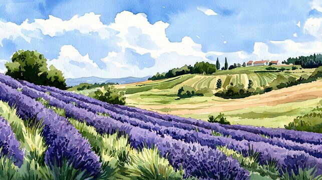Textured watercolor painting of lavender fields under pale sky, simple rows leading to horizon, open space above for visual balance, rustic elegance and gentle tones