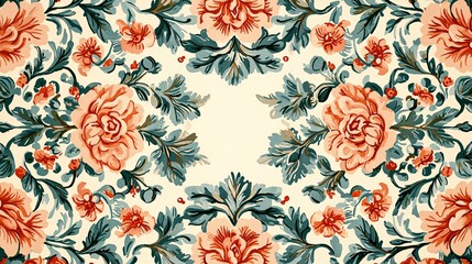 Vintage floral border in soft watercolor tones, gentle pinks and greens, symmetrical layout with white center, textured paper surface, designed for greeting card use