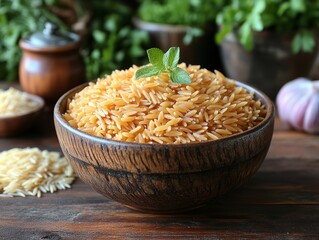 Delicious Golden Orzo Pasta in Rustic Wooden Bowl Close Up Food Photography