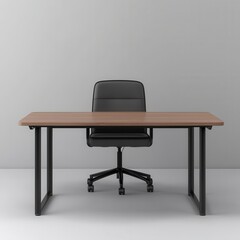 Modern Minimalist Office Desk with Black Chair and Gray Wall Background