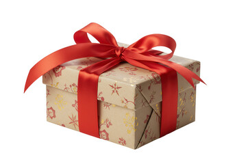Close up of a present wrapped with a red ribbon and floral paper isolated on transparent background