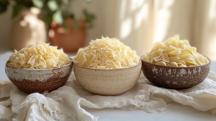Three Bowls of Dried Pasta Assortment Farfalle Capellini Egg Noodles