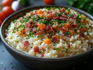Creamy Risotto with Crispy Bacon Parmesan and Herbs in a Rustic Bowl