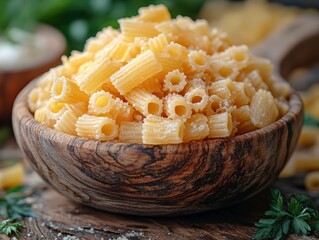 Delicious Cooked Bucatini Pasta in Rustic Wooden Bowl Close Up Food Photography