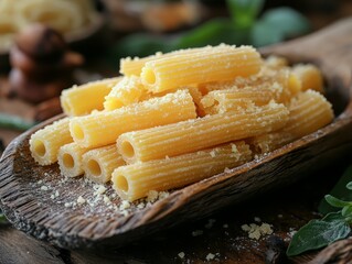 Delicious Cooked Penne Pasta with Parmesan Cheese in Rustic Wooden Bowl