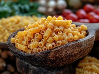 Delicious Dry Macaroni Pasta in Rustic Wooden Bowl Close up Food Photography