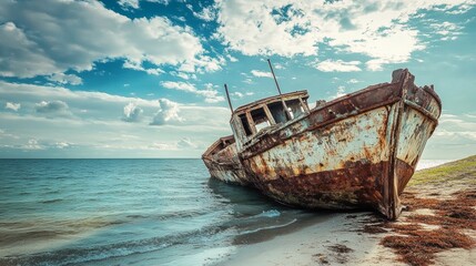 A rusty old shipwreck on the shore of a tropical beach. The ship is partially submerged in the water. The sky is blue and there are clouds.