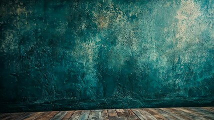 Dark teal textured wall with wooden floor.  Ideal for background or mockup - Powered by Adobe
