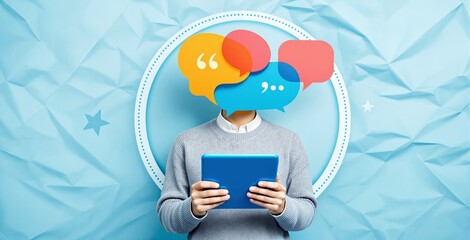 Person holding tablet with colorful speech bubbles as head, graphic style of surreal collage, crumpled blue background, concept of digital interaction, Ai generative