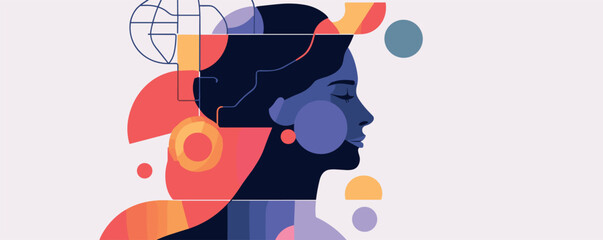 Obraz premium Abstract profile of a woman with geometric shapes and colorful modern art style design.