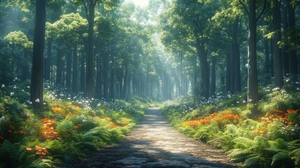 Fototapeta premium Sunlit path through a dense forest, vibrant with wildflowers and ferns