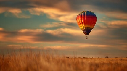 Obraz premium Colorful hot air balloon soaring above a golden field at sunset.
