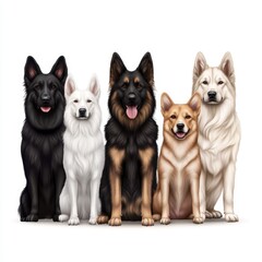 Group of Five Majestic Dogs in Various Colors Posing Together in a Studio Setting with Bright Lighting and a Warm Background