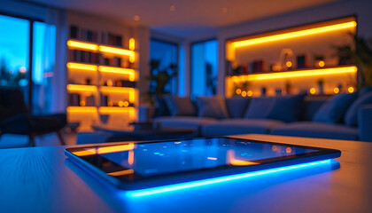 Fototapeta premium Cozy evening with smart tablet modern living room digital display ambient lighting close-up view