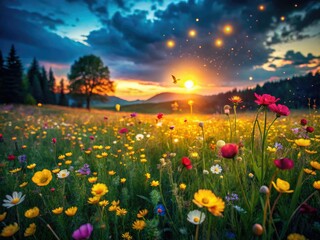 Obraz premium Spring Meadow Night Photography: Dark Bloom, Low Light, Firefly Meadow, Nighttime Landscape
