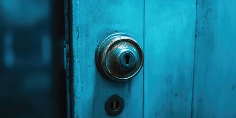 Mysterious Teal Door with Antique-Style Knob and Keyhole A Close-Up Image
