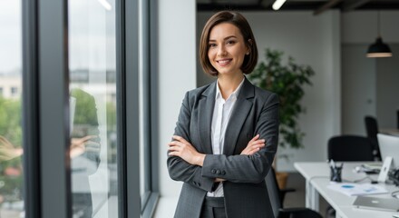Confident businesswoman in suit standing near window in office setting.