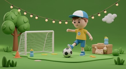 Fototapeta premium Boy Playing Soccer in Green Field