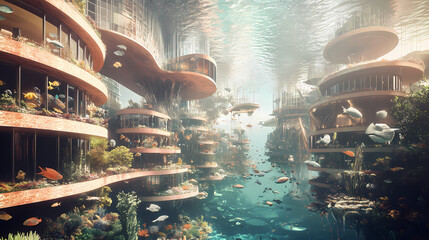 Vibrant underwater ecosystem with architectural structures fostering marine life harmony. [Submerged Futures] | Brine District | liquid sector. Illustration