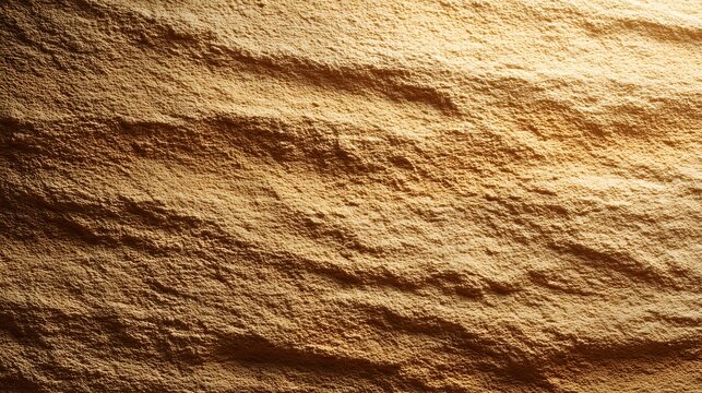 Close-up of sandy wall texture with natural earth tones and directional side lighting, showcasing surface detail, warm minimal aesthetic, and organic materials concept for backgrounds, design
