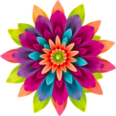 Fototapeta premium Radiant symmetrical flower design with vibrant petals and green leaves.