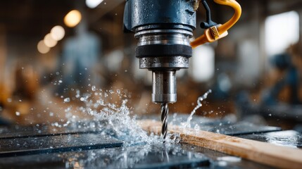 A CNC drill machine in action, cutting through metal with water coolant splashing in a busy industrial workshop.