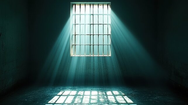 Dark room with barred window, sunlight rays